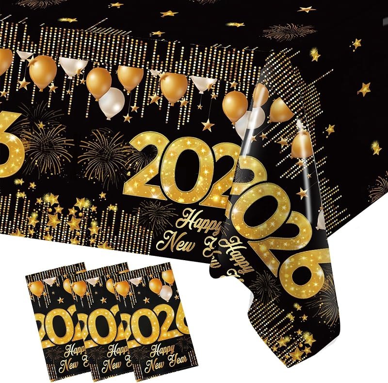 Staraise 3PCS New Years Tablecloths, Black and Gold Plastic Tablecloth Happy New Year Table Decorations Disposable