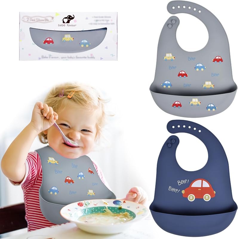 2 Pack Silicone Baby Bibs Adjustable Fit Waterproof Bib With Leak Proof Food Pouch Catcher for Eating Boys Girls —