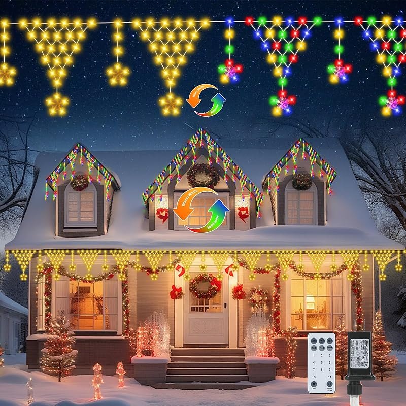 Christmas Outdoor String Lights Waterproof, 218 LED 13.8FT Star Curtain Fairy Lights with 11 Drops Connectable Clear