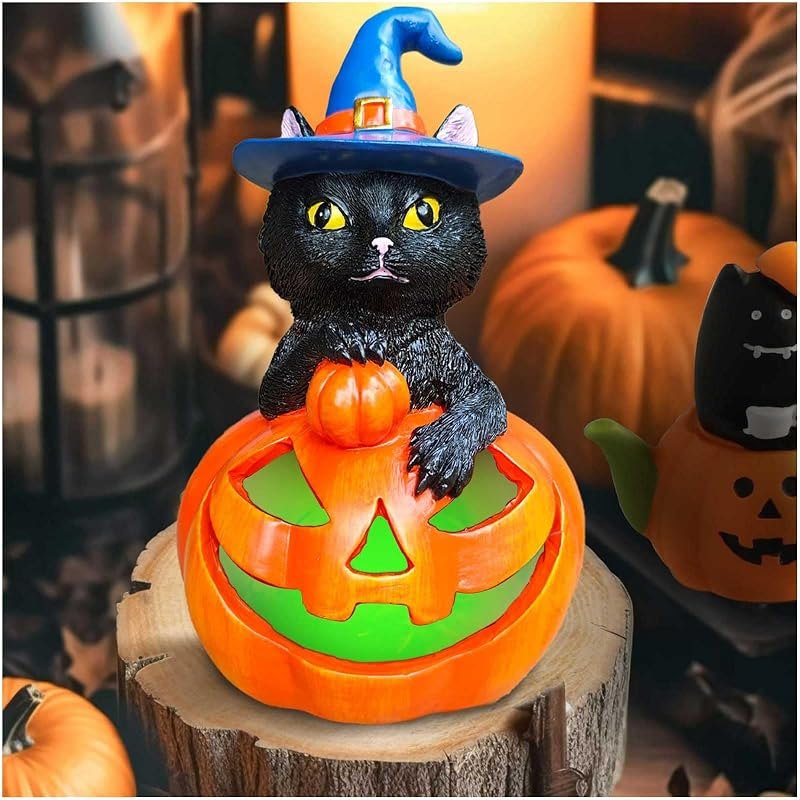 Halloween Decorations Outdoor Solar Black Cat Garden Statue, Jack-O-Lantern Pumpkin Figurines with Color Changing LED