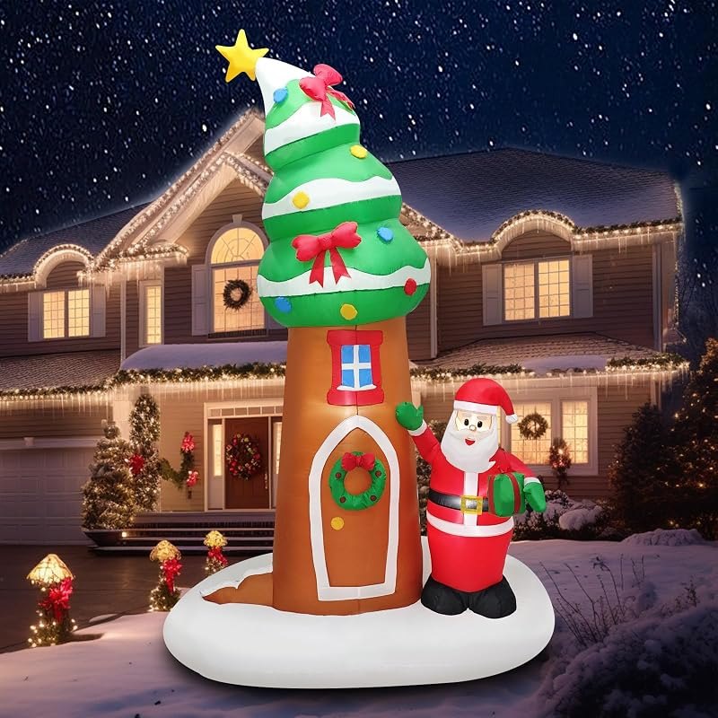 9FT Inflatable Christmas Tree with Santa Claus Blow Up Xmas Tree House with Wreath for Outdoor Decoration Holiday