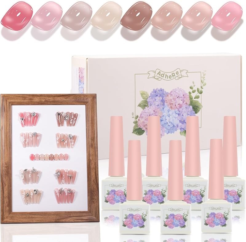 Jelly Gel Nail Polish Set, 8 Colors 12ml Jelly Gel Polish Kit Nude Pink Neutral Nail Art Design Sheer Translucent Nail