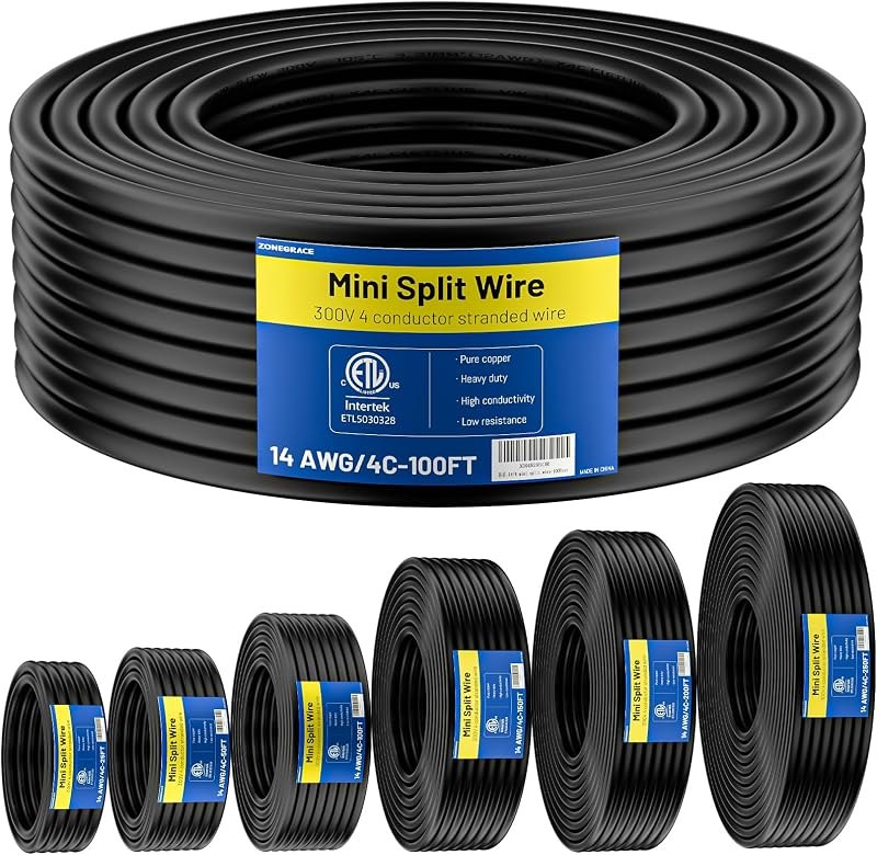 ZONEGRACE 100FT 14/4 Mini Split Cable, 14 AWG 4 Conductor Stranded Pure Copper ETL Listed 300V 105C Color Coded
