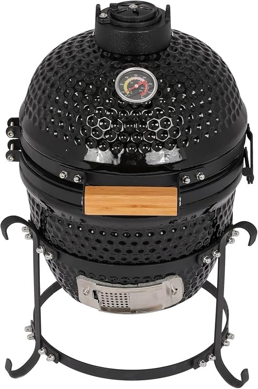 13" Round Ceramic Kamado Charcoal Grill - Heavy-Duty Black Outdoor BBQ Smoker with Heat Retention, Portable Egg Design
