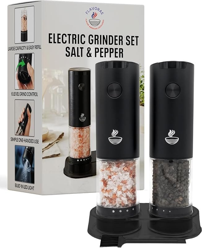 Electric Salt and Pepper Grinder Set - Black 2 Pack Battery Operated Mills with 95ml Large Capacity, Adjustable