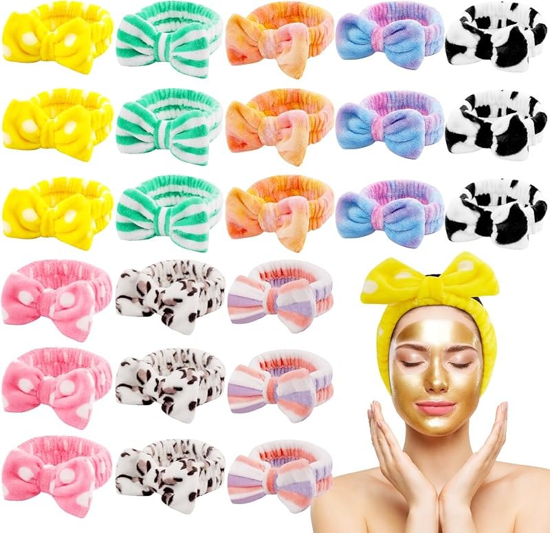 HOFASON 24 Pcs Spa Headband Bulk Gifts for Women Girls Teens Stocking Stuffers, Makeup Headband Flannel Bow for