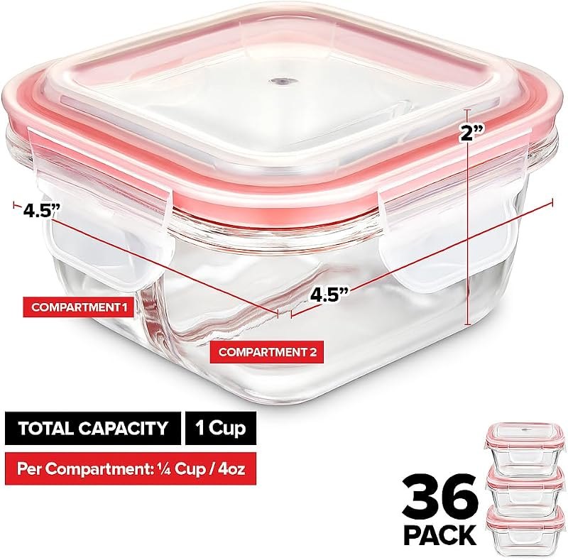 Stock Your Home Glass Portion Control Bariatric Containers (36 Pack), 3 Cup Food Containers with six 4 oz