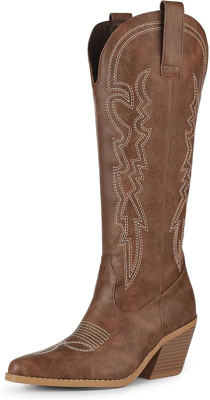 IN3 Cowboy Boots for Women Cowgirl Knee High Western Embroidered Booties Side Zipper Low Block Chunky Heel Pull on