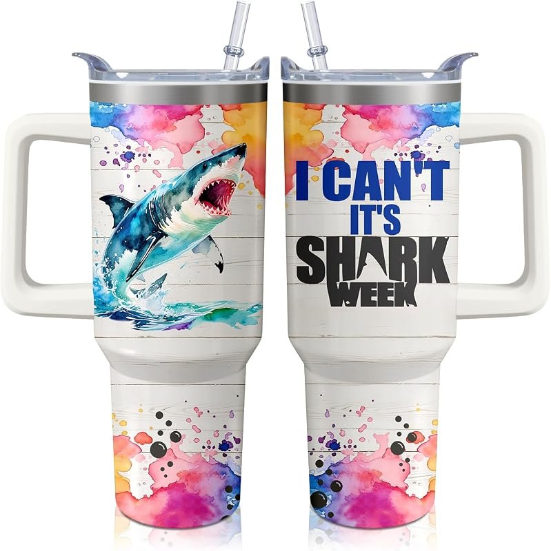 40oz Shark Tumbler with Handle and Straw,Ocean Stainless Steel Insulated Cup with Lid and Straw, Travel Coffee Mug