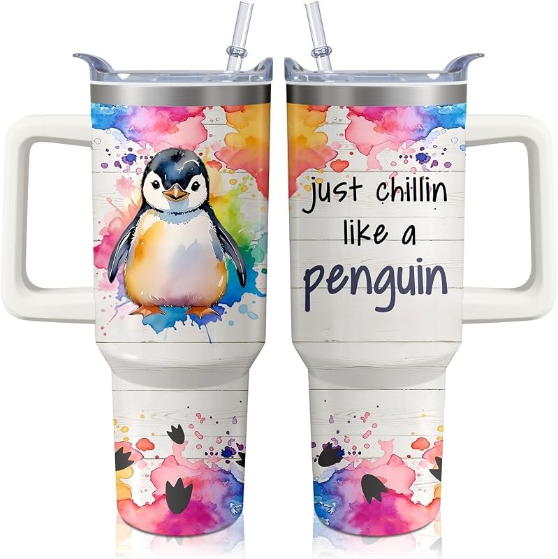 40oz Penguin Tumbler with Handle and Straw, Stainless Steel Insulated Cup with Lid and Straw, Travel Coffee Mug Water