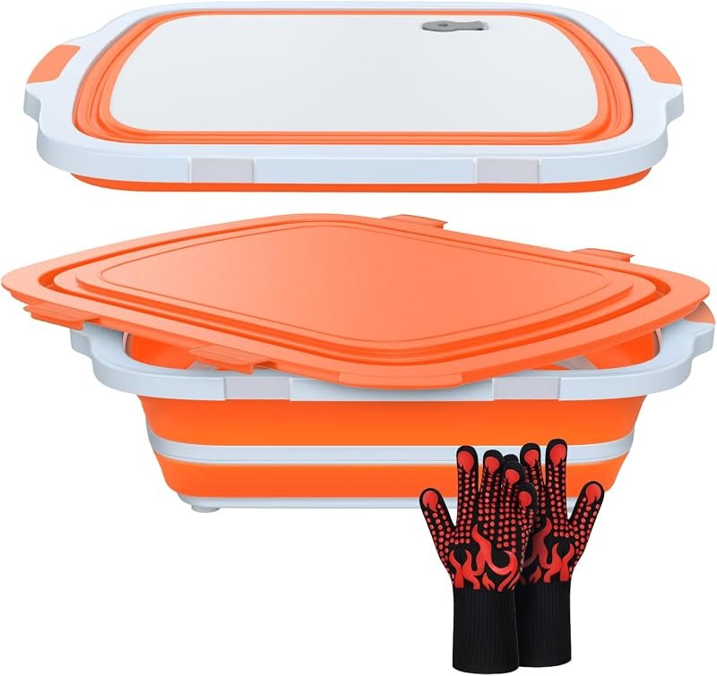 XL Collapsible BBQ Prep Tub with Cutting Board & Drain Plug — cut resistant gloves for mandoline slicer