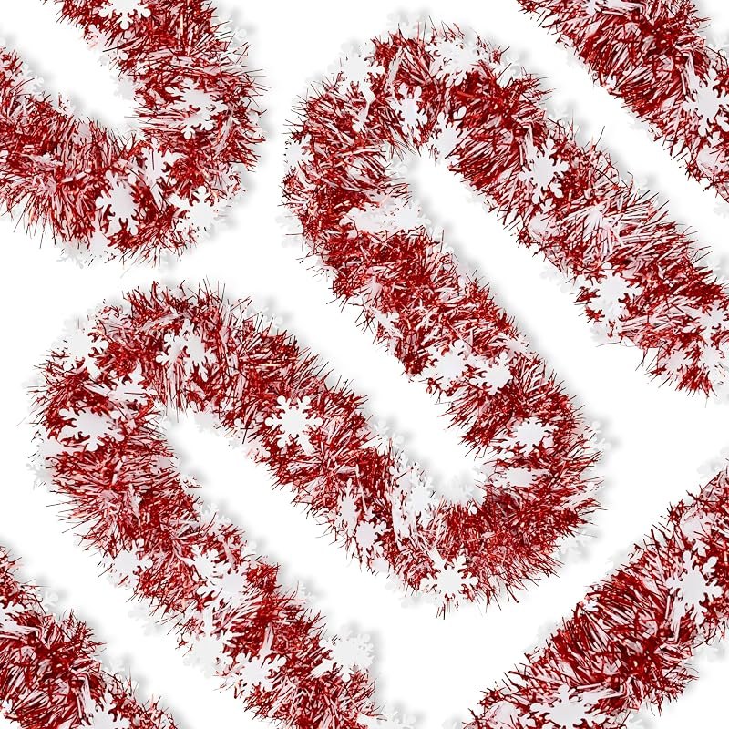 50Ft Christmas Tinsel Garland, Red White Snowflake Glitter Tinsel Garlands, Metallic Holiday Hanging Streamers for