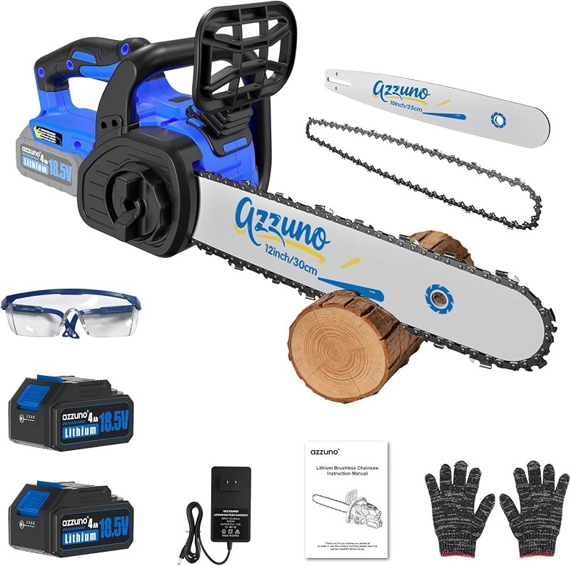 AZZUNO 12 Inch Electric Chainsaw Brushless Cordless With 10'' Bar and Chain,Battery Powered 2 in 1 Chain Saw Kit For