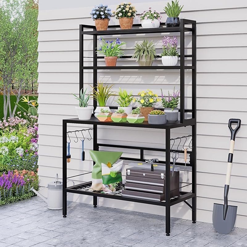Outdoor Potting Bench Table with Storage, 63" Tall Metal Garden Workstation, 4-Tier Plant Stand Shelves with 8 Hooks