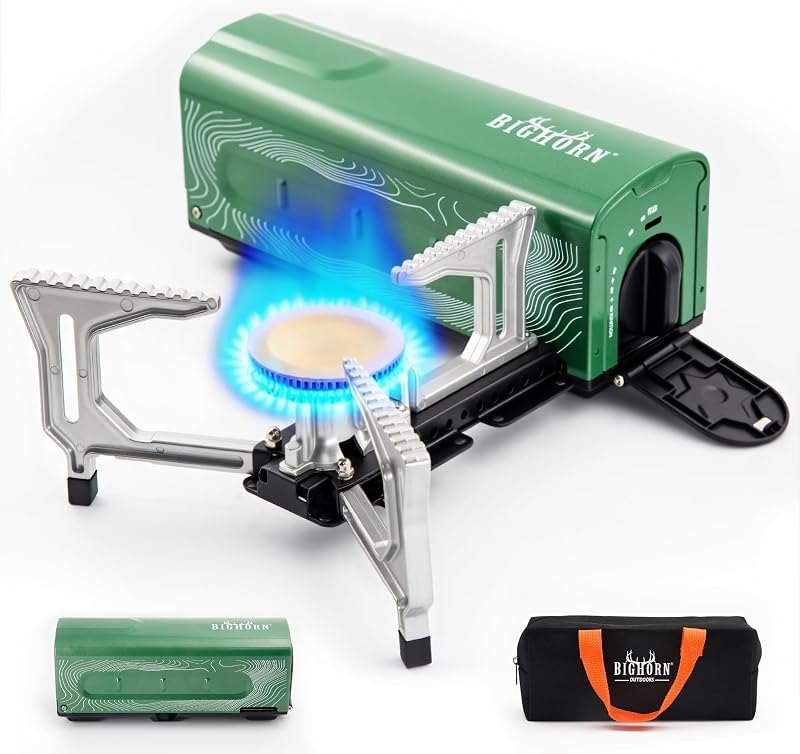 BIG HORN OUTDOORS Butane Camping Stove, Portable Folding Gas Burner with Carry Bag for Camping, Emergency Use and