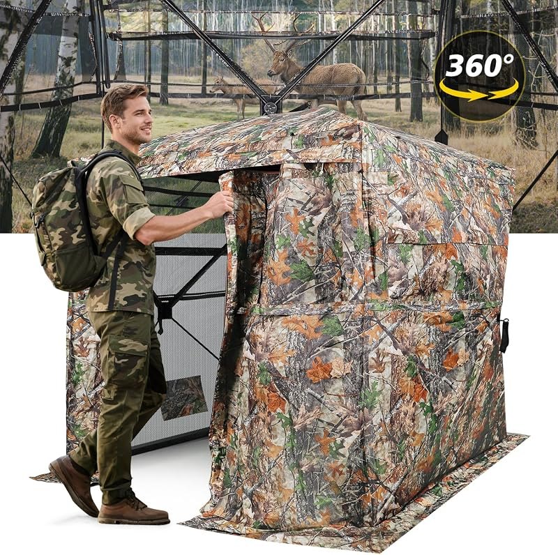 Hunting Blind with Magnetic Full Open Large Door & Silent Windows, 270°/360° See Through Pop Up Ground Blind for