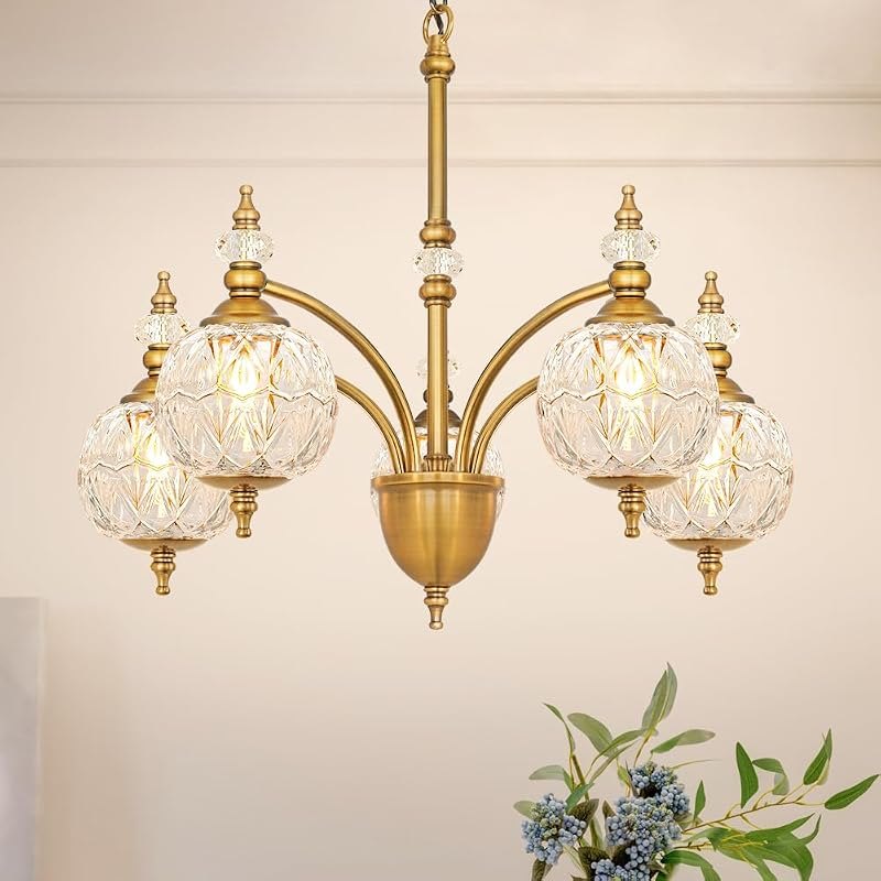 Vintage Brass Chandelier - Adjustable Height Dining Room Light Fixture with Handcrafted Blown Glass - 5-Light G9 Base