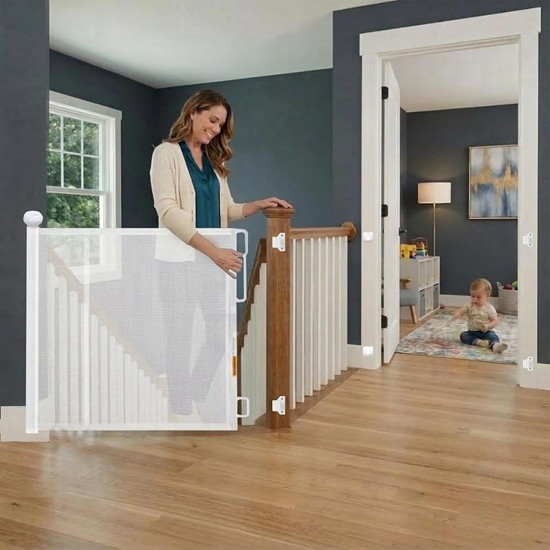 Retractable Dog Gate & Baby Gate for Stairs, Up to 71 Inch (White) — moldable baby gate for moldable baby gate