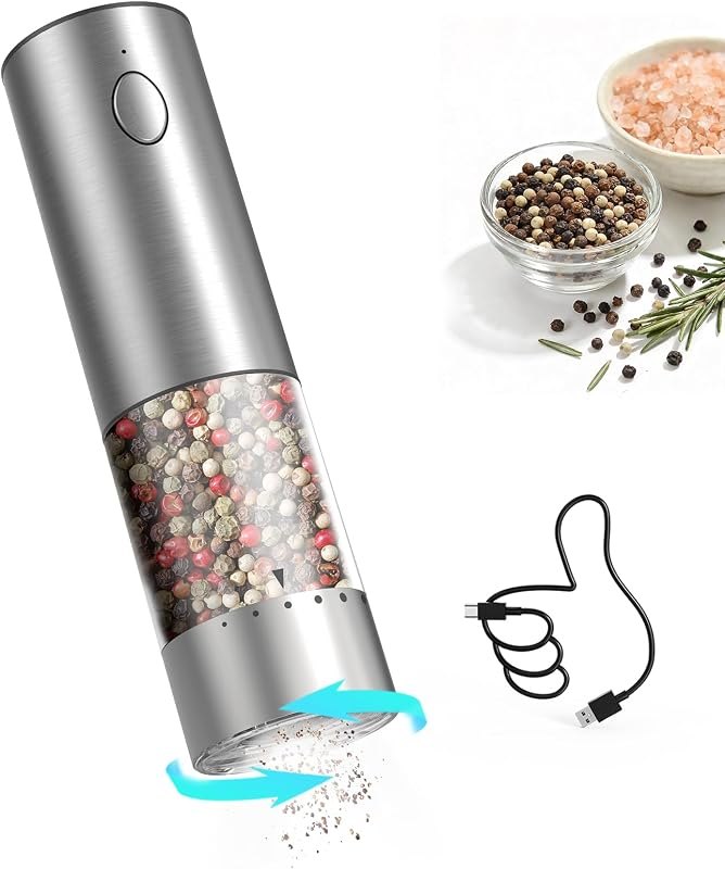 CIRCLE JOY Stainless Steel Electric Pepper Grinder, Rechargeable Pepper Mills with LED Light, 6-Level External
