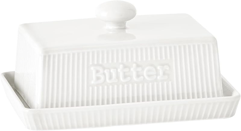 Large Butter Dish with Lid, 8oz Ceramic Butter Holder with Knob Handle, Striped Butter Keeper, Porcelain Butter Tray