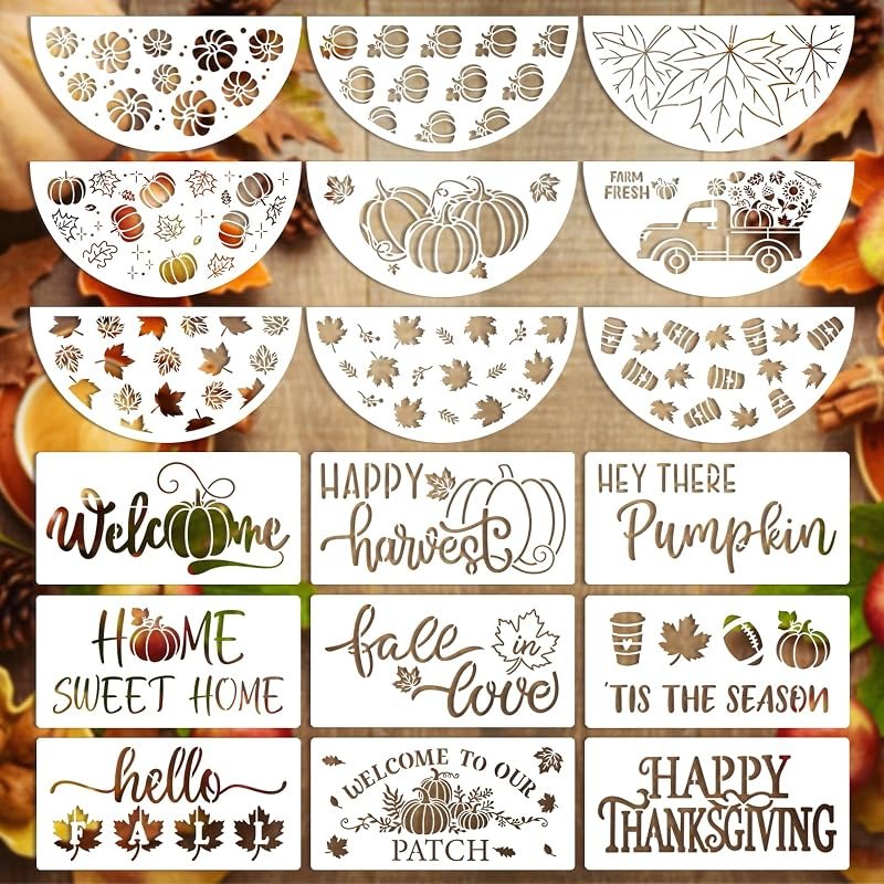18 PCS Thanksgiving Stencils for Painting on Wood Fall Stecil for Adlts & Kids Autumn Pumpkin Leaves DIY Crafts Kit