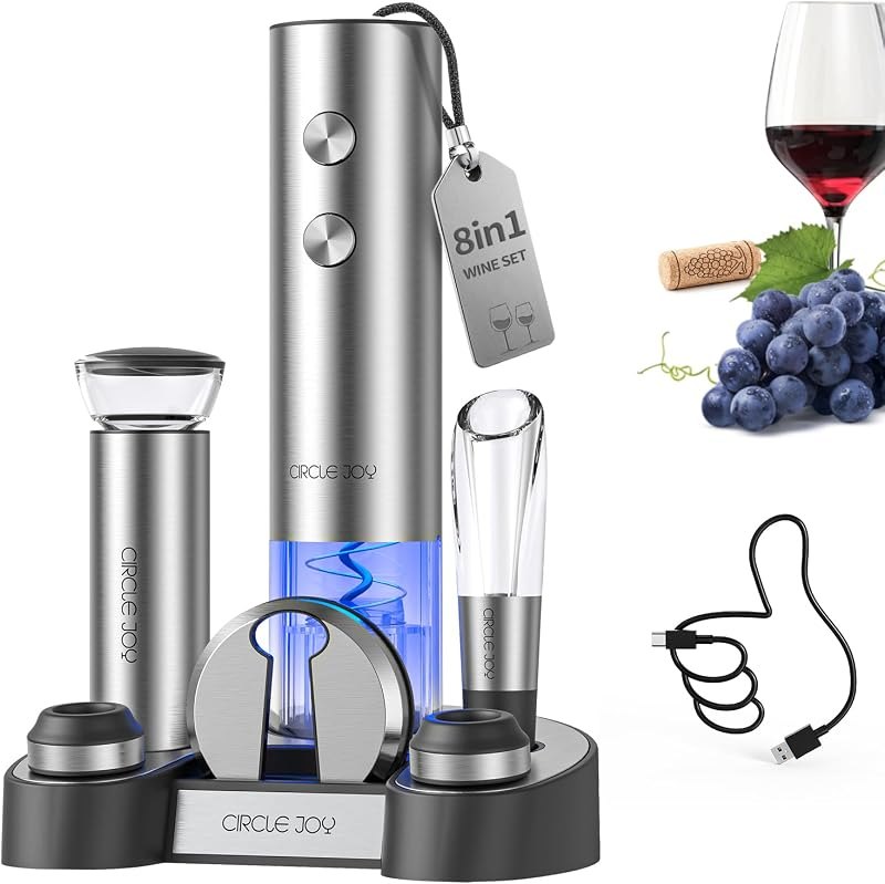 CIRCLE JOY Electric Wine Bottle Opener Set Stainless Steel Rechargeable Wine Opener 8-in-1 Wine Gift Set with Charging