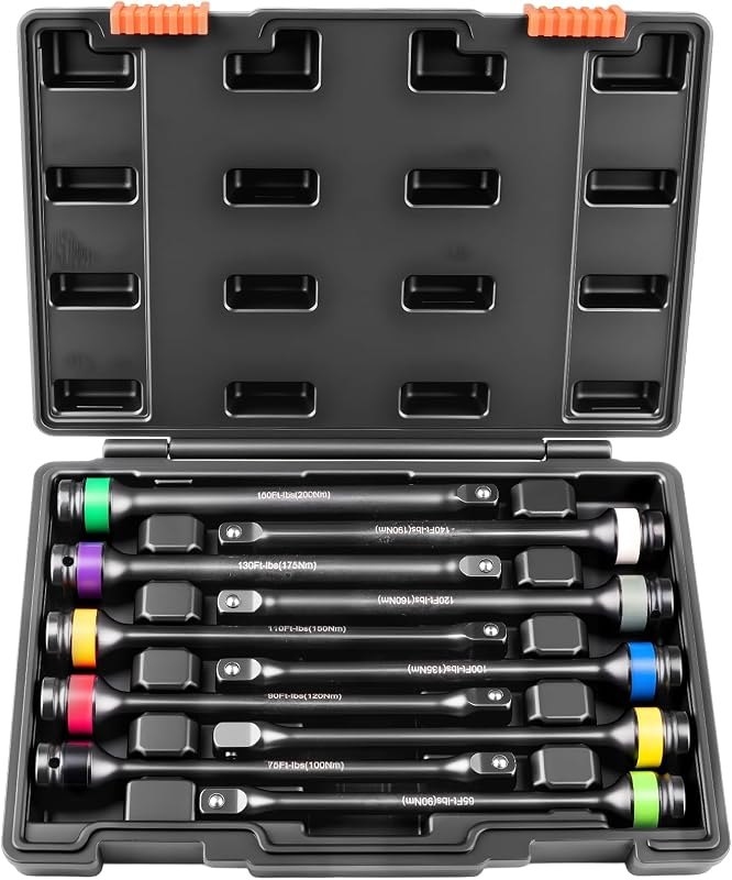 Torque Limiting Extension Bar Kit, 10 Piece 1/2" Drive Torque Wrench Set with Color-Coded Torque Sticks (65-150