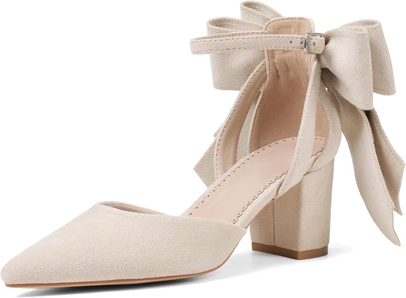 Women's Black Pointed Toe Pumps Bow Ankle Strap Chunky High Heels Dress Wedding Shoes — evening heels for evening heels