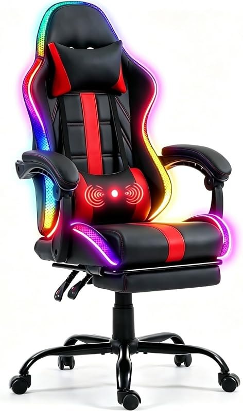Gaming Chair with Footrest, Lumbar Massage & RGB LED Lights, Red — steel frame gaming chair for steel frame gaming chair