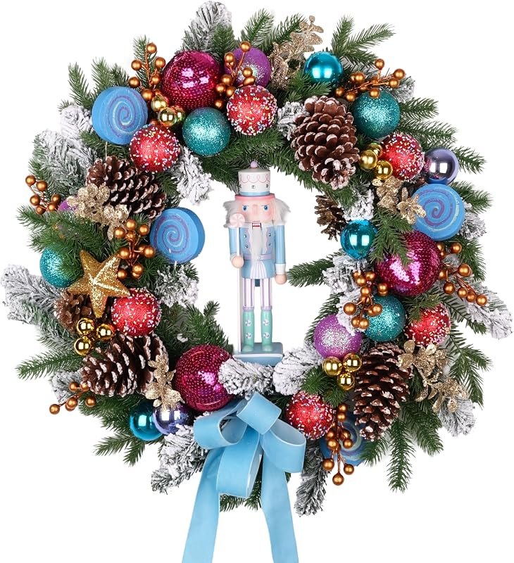 Pre-lit Christmas Wreath 28 Inch, Christmas Nutcracker Wreath Decoration for Home Front Door Porch Wall Winter Xmas