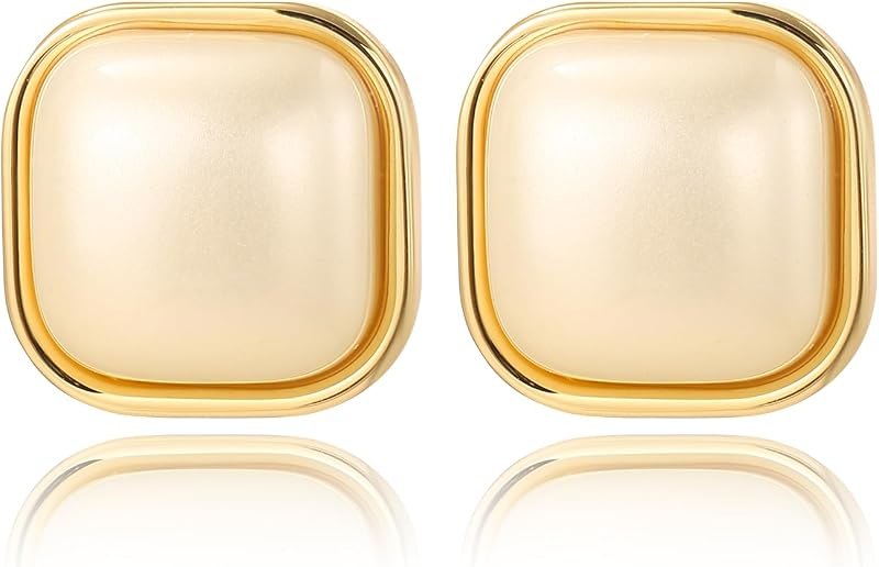 Gold Plated Pearl Stud Earrings for Women Trendy, Geometric Hypoallergenic Statement Earrings Chunky Big Pearl Vintage