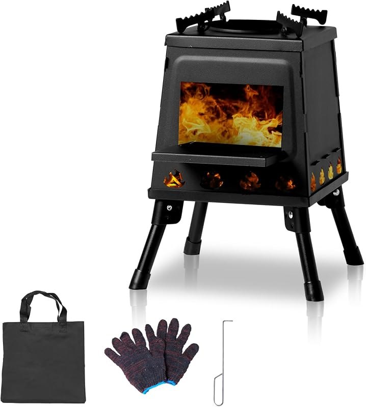 Wood Burning Stove, Portable Cast Iron Camping Wood Stove with Carrying Bag, Firewood Hook, Gloves Woodstove for