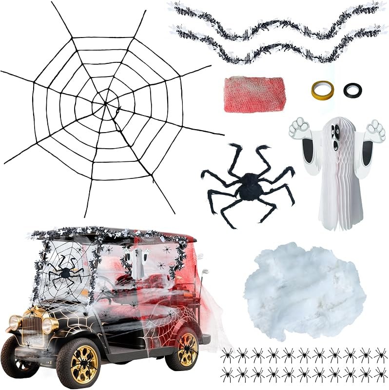 Golf Cart Halloween Decorations Kit Ghost Spider Theme Decor for Parade — halloween spider web garland for halloween