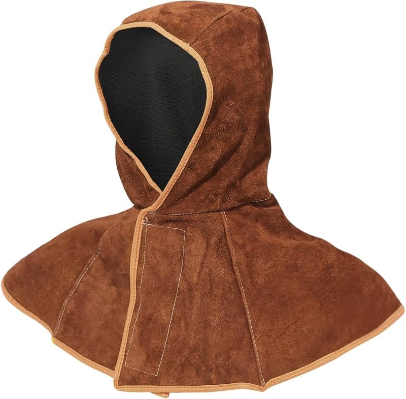 Premium Cowhide Leather Welding Hood with Shoulder Cape, Brown, Kevlar-Reinforced, Full Head Coverage Helmets, OSHA