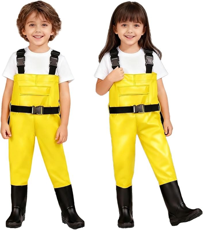 Kids Waders Waterproof PVC All-in-One with Adjustable Straps for Toddler,Non-Slip Boots,Outdoor Play,Fishing,Rain,Mud