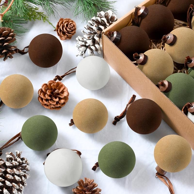 Palonu 24 Pcs Velvet Christmas Balls, 3.15 Inch Flocked Ornaments with Velvet Ribbons, Shatterproof Plastic Bulbs