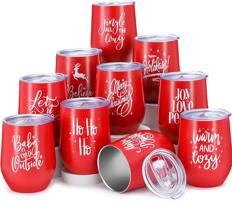 Uiifan 10 Pack Christmas Tumblers Gifts 12 Oz Xmas Funny Tumbler Christmas Stainless Steel Coffee Mugs Set Xmas