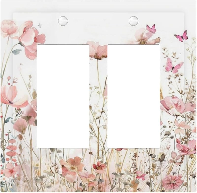 Boho Floral Watercolor Pink Wildflower Butterfly Decorative Outlet Covers 2 Gang Double GFCI Rocker Electrical Wall
