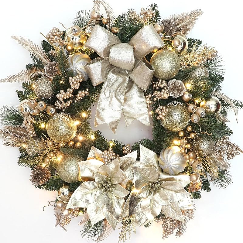 24 Inch Christmas Wreath for Front Door Artificial Christmas Wreath Decor with, Pine Needles, Golden Decorations, and