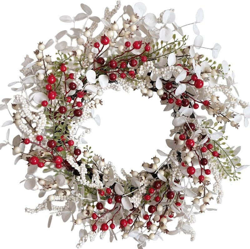 Christmas Wreaths 24Inch, Artificial Window Wreaths Christmas for Front Door with White Eucalyptus Leaves, Red White