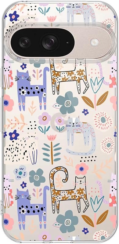 for Google Pixel 10 Pro Case, Cute Cat Style with Flower Pattern Funny Floral Cartoon Animal Design Transparent Soft