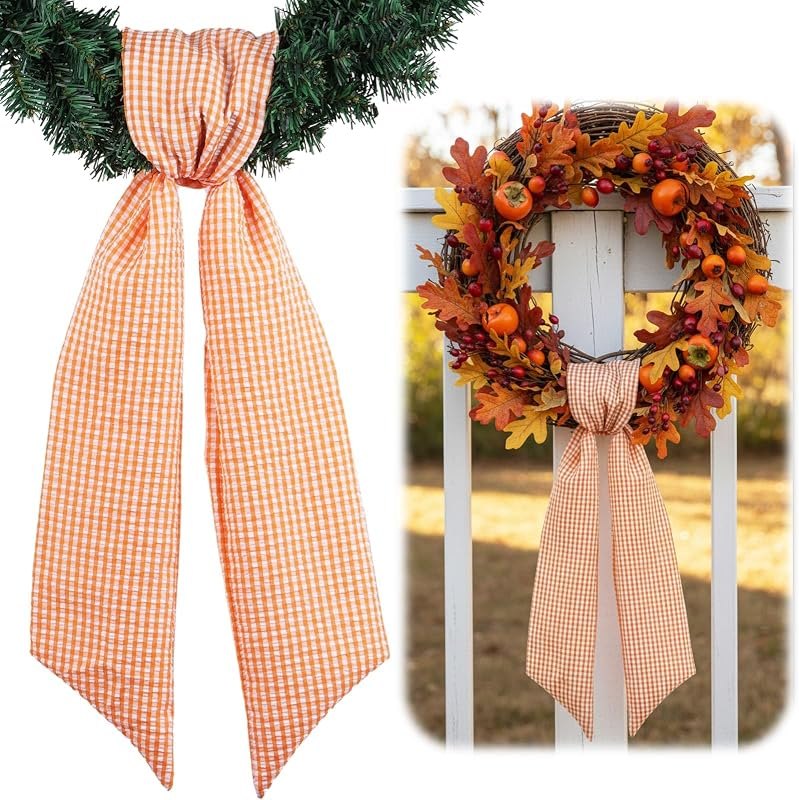 Orange Gingham Wreath Sash for Front Door Wreath, 5.12" Wide x 54" Fall Thanksgiving Farmhouse Country Harvest Autumn