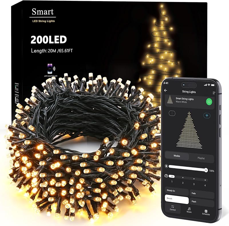 BrizLabs Smart Christmas Lights, 66 ft 200 LED Warm White String Lights — waterproof christmas light wire for