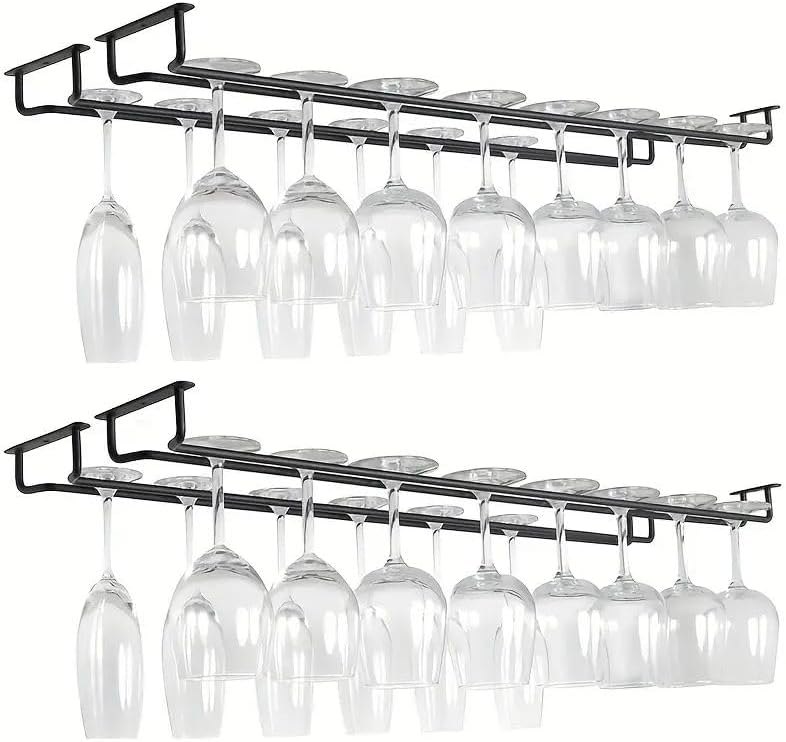 2 Pack Black Wine Glass Rack, 14 Inch Under Cabinet Stemware Holder, Wall Mounted Iron Wine Glass Hanging Rack for