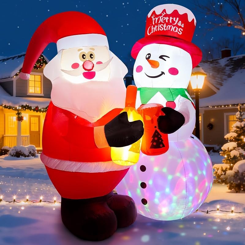 Meland 7FT Christmas Inflatable Outdoor Decoration, Inflatable Santa and Snowman Toasting with Light, Rotating