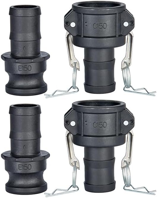 2 pcs Polypropylene Camlock Fittings (1-1/2” part C Female Coupler x Hose End) Cam and Groove Hose Fittings + 2 pcs PP