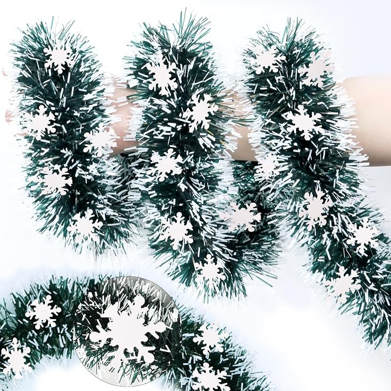 50FT Green White Christmas Tinsel Garland with Snowflake Ornaments Metallic Xmas Garland for Christmas Tree