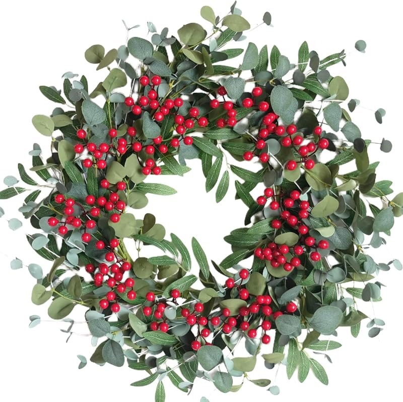 22 Inch Rustic Winter Wreath with Eucalyptus Olive Leaf and Red Berries - Christmas Wreaths for Front Door, Farmhouse