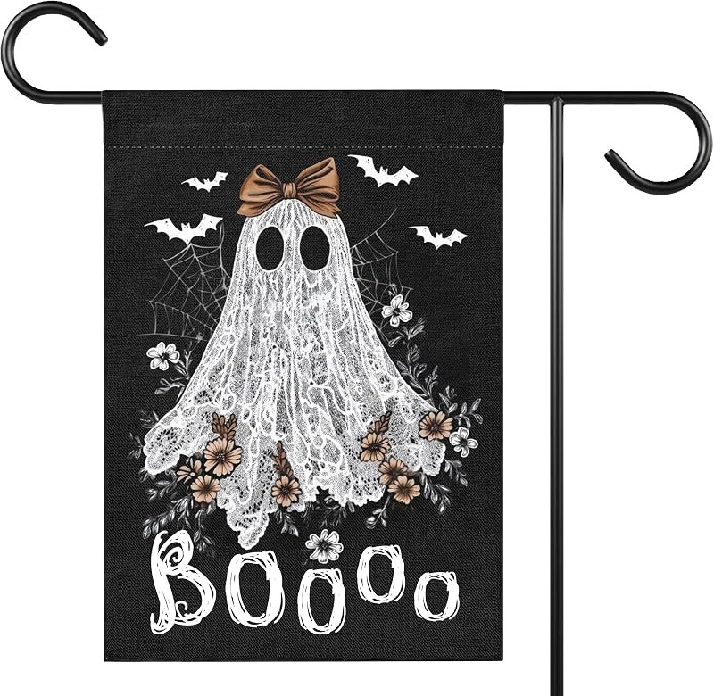 Boo Halloween Garden Flag for Outside, 12x18 Inch Double Sided Halloween Pumpkin Ghost Spider Web Bats Yard Flag