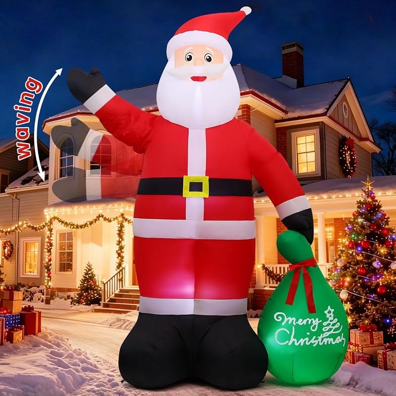 GOOSH 10.3 FT Waving Christmas Inflatable Santa Decorations, Outdoor Christmas Santa Claus with Gift Bag&Animated Hand